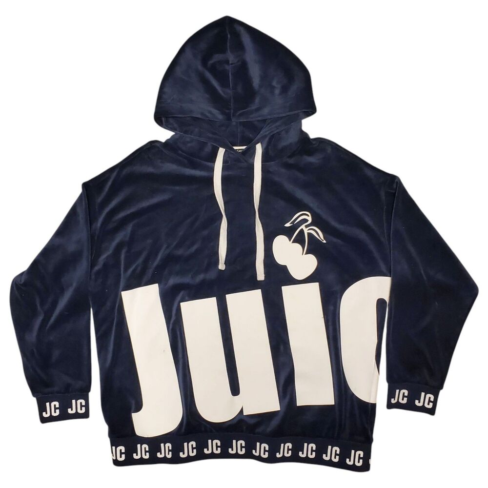 JUICY COUTURE Sweater Womens Medium Blue Velour BLACK LABEL Spell Out Hoodie